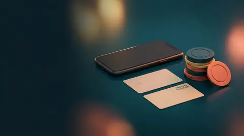 Smartfon, karta płatnicza i żetony na biurku